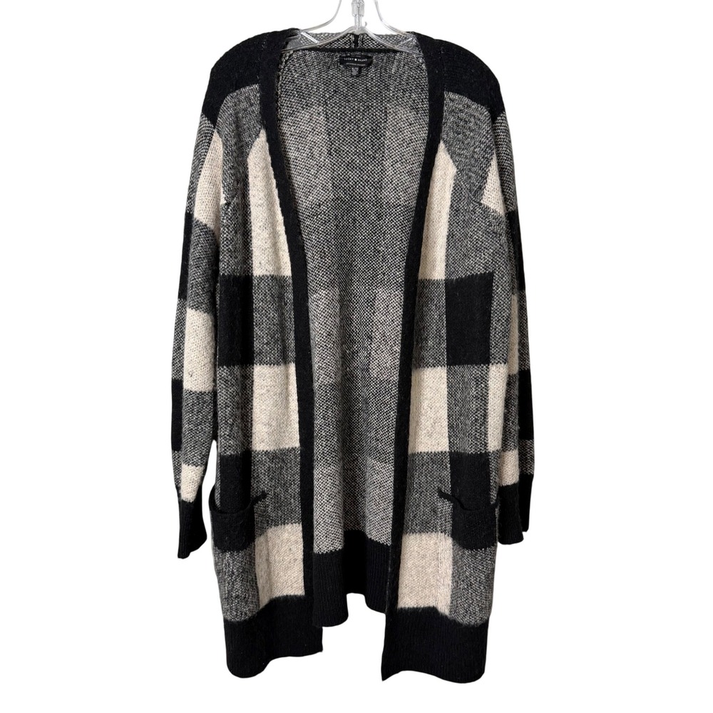 Lucky Brand Cardigan Sweater Womens XL Black Buffalo Plaid Wool Blend Longline